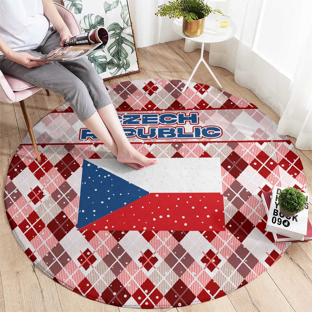 Czech Republic Christmas Round Carpet with Red-White Checkered Design, Double-Tailed Lion, and Festive Motif - Wonder Print Shop