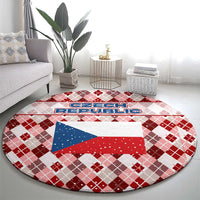 Czech Republic Christmas Round Carpet with Red-White Checkered Design, Double-Tailed Lion, and Festive Motif - Wonder Print Shop