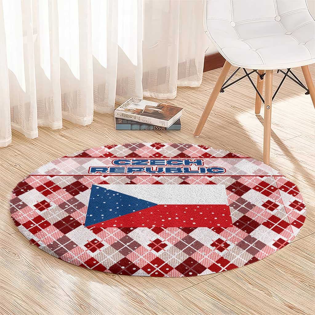 Czech Republic Christmas Round Carpet with Red-White Checkered Design, Double-Tailed Lion, and Festive Motif - Wonder Print Shop