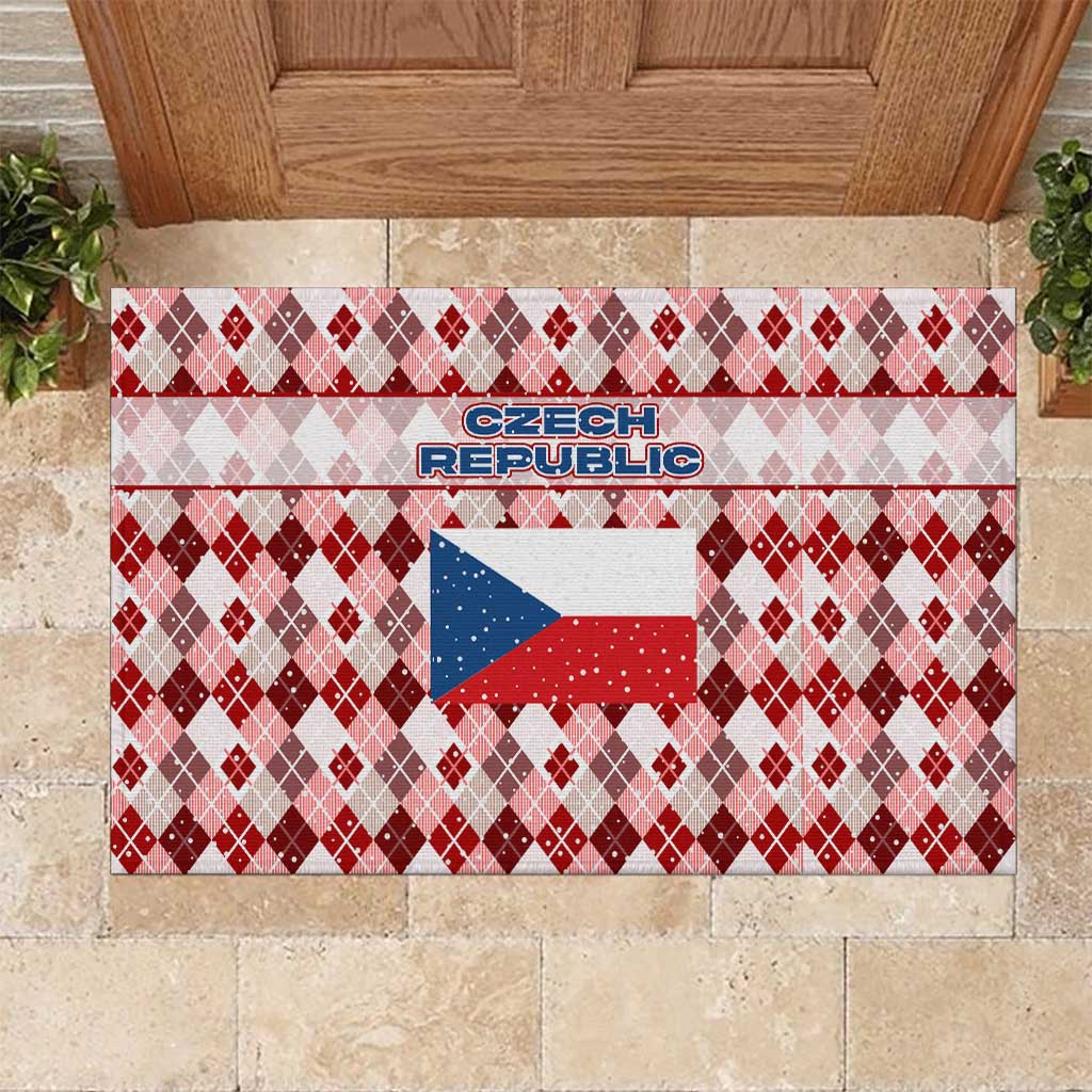 Czech Republic Christmas Rubber Doormat with Red-White Checkered Design, Double-Tailed Lion, and Festive Motif - Wonder Print Shop