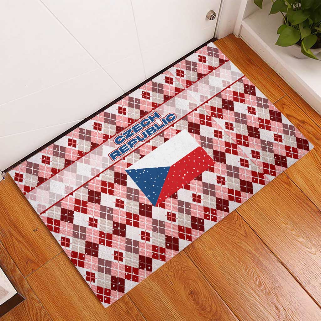 Czech Republic Christmas Rubber Doormat with Red-White Checkered Design, Double-Tailed Lion, and Festive Motif - Wonder Print Shop