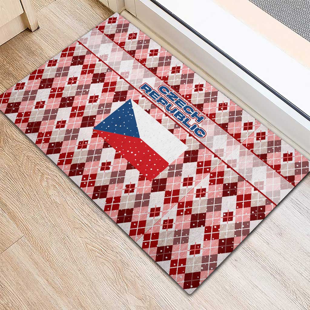 Czech Republic Christmas Rubber Doormat with Red-White Checkered Design, Double-Tailed Lion, and Festive Motif - Wonder Print Shop