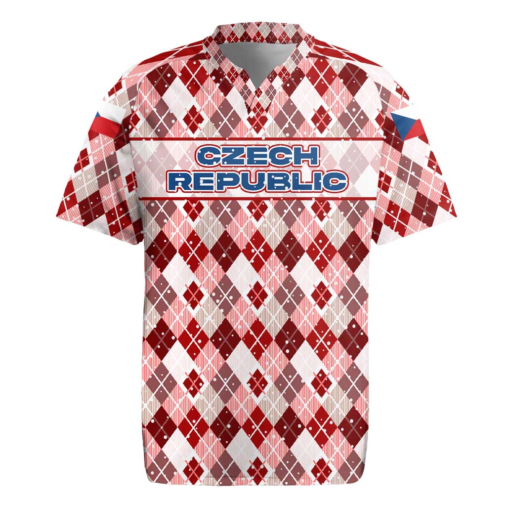 Czech Republic Christmas Rugby Jersey with Red-White Checkered Design, Double-Tailed Lion, and Festive Motif - Wonder Print Shop