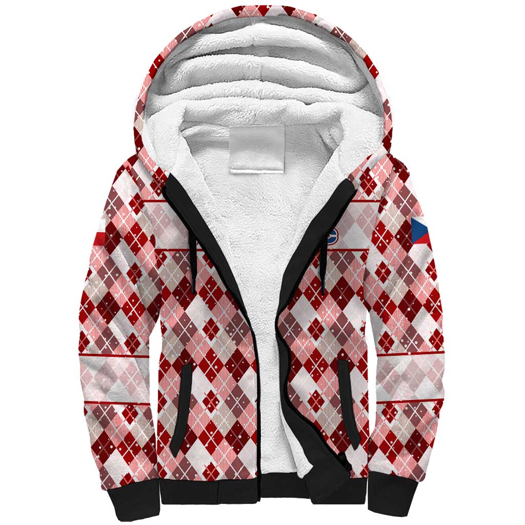 Czech Republic Christmas Sherpa Hoodie with Red-White Checkered Design, Double-Tailed Lion, and Festive Motif - Wonder Print Shop