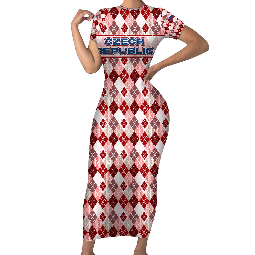 Czech Republic Christmas Short Sleeve Bodycon Dress with Red-White Checkered Design, Double-Tailed Lion, and Festive Motif - Wonder Print Shop