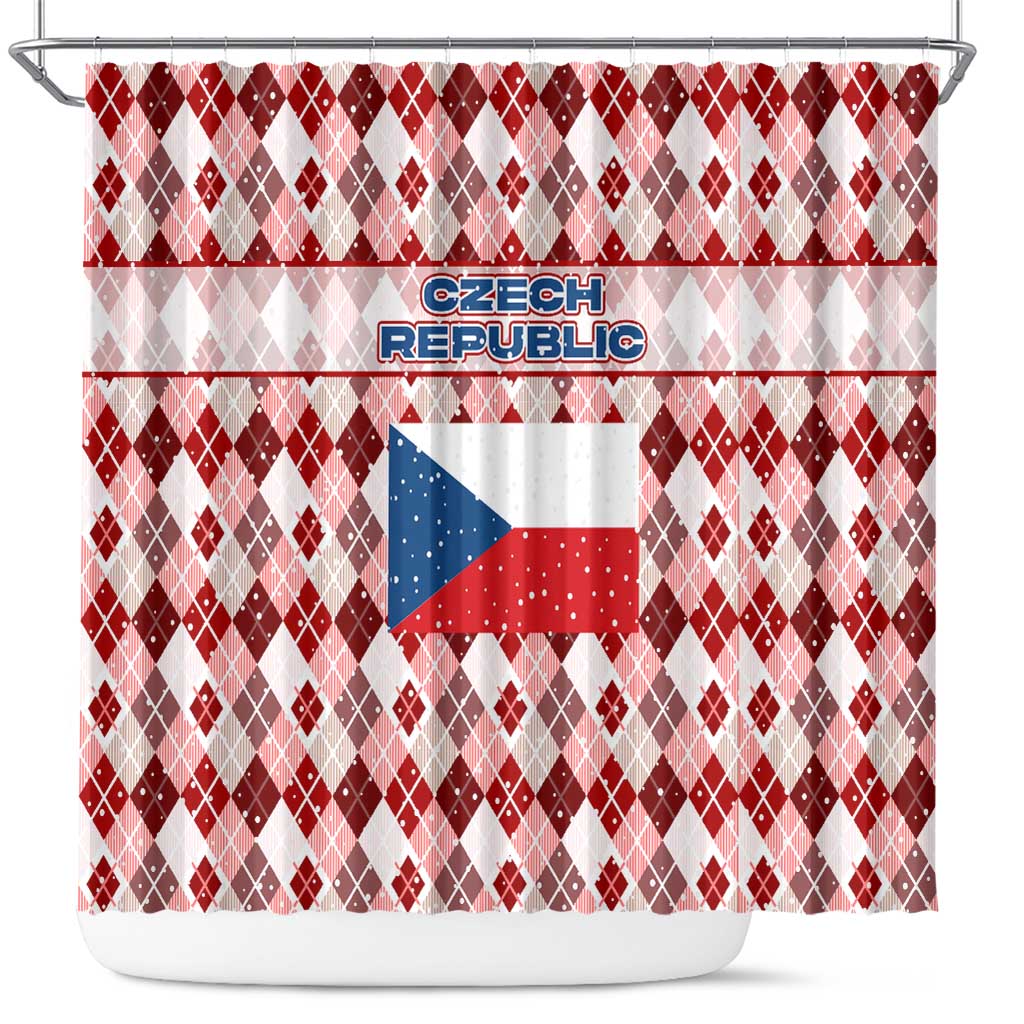 Czech Republic Christmas Shower Curtain with Red-White Checkered Design, Double-Tailed Lion, and Festive Motif - Wonder Print Shop