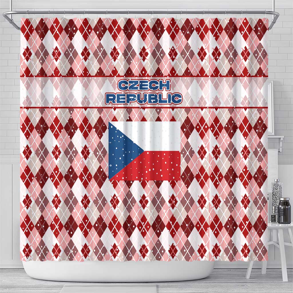 Czech Republic Christmas Shower Curtain with Red-White Checkered Design, Double-Tailed Lion, and Festive Motif - Wonder Print Shop
