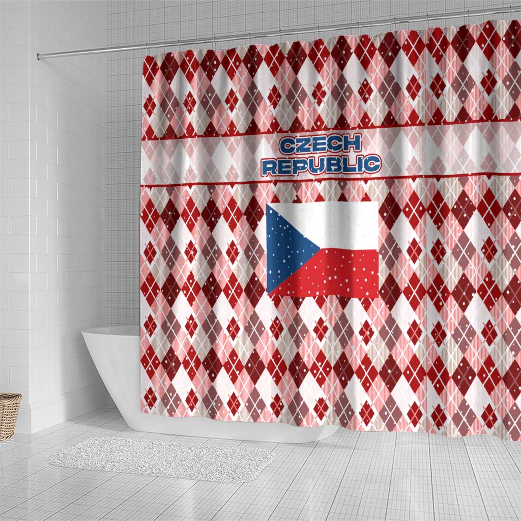 Czech Republic Christmas Shower Curtain with Red-White Checkered Design, Double-Tailed Lion, and Festive Motif - Wonder Print Shop