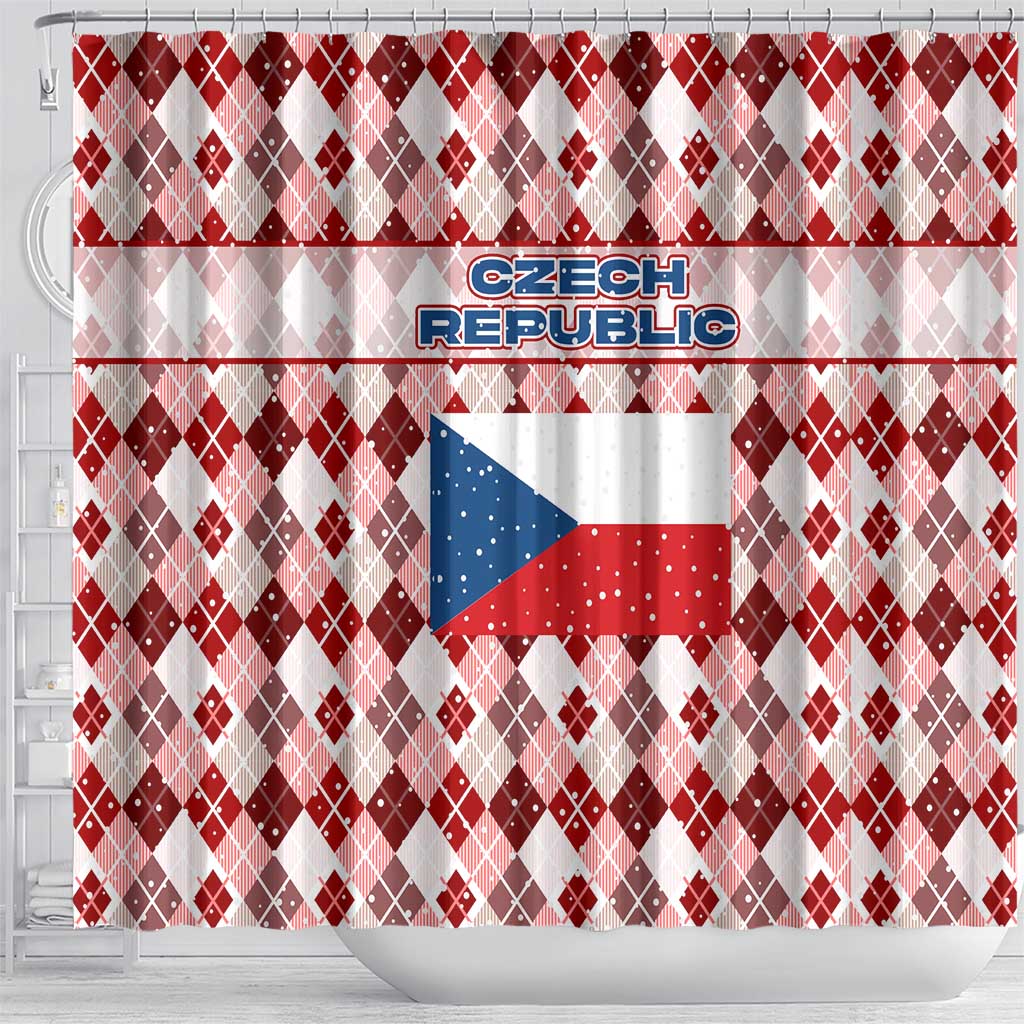 Czech Republic Christmas Shower Curtain with Red-White Checkered Design, Double-Tailed Lion, and Festive Motif - Wonder Print Shop