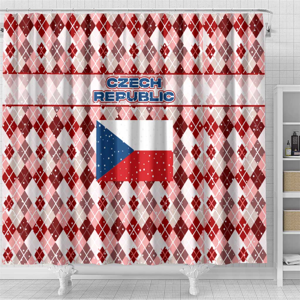 Czech Republic Christmas Shower Curtain with Red-White Checkered Design, Double-Tailed Lion, and Festive Motif - Wonder Print Shop