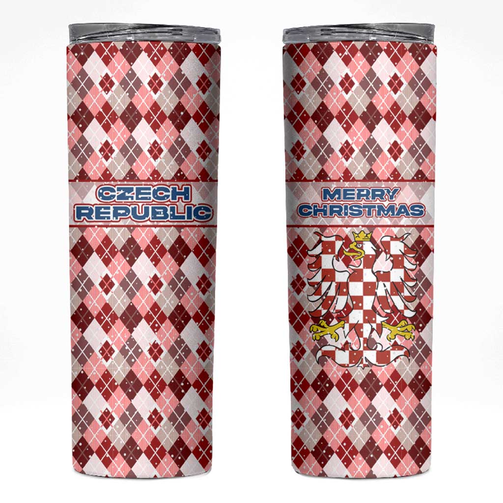 Czech Republic Christmas Skinny Tumbler with Red-White Checkered Design, Double-Tailed Lion, and Festive Motif - Wonder Print Shop