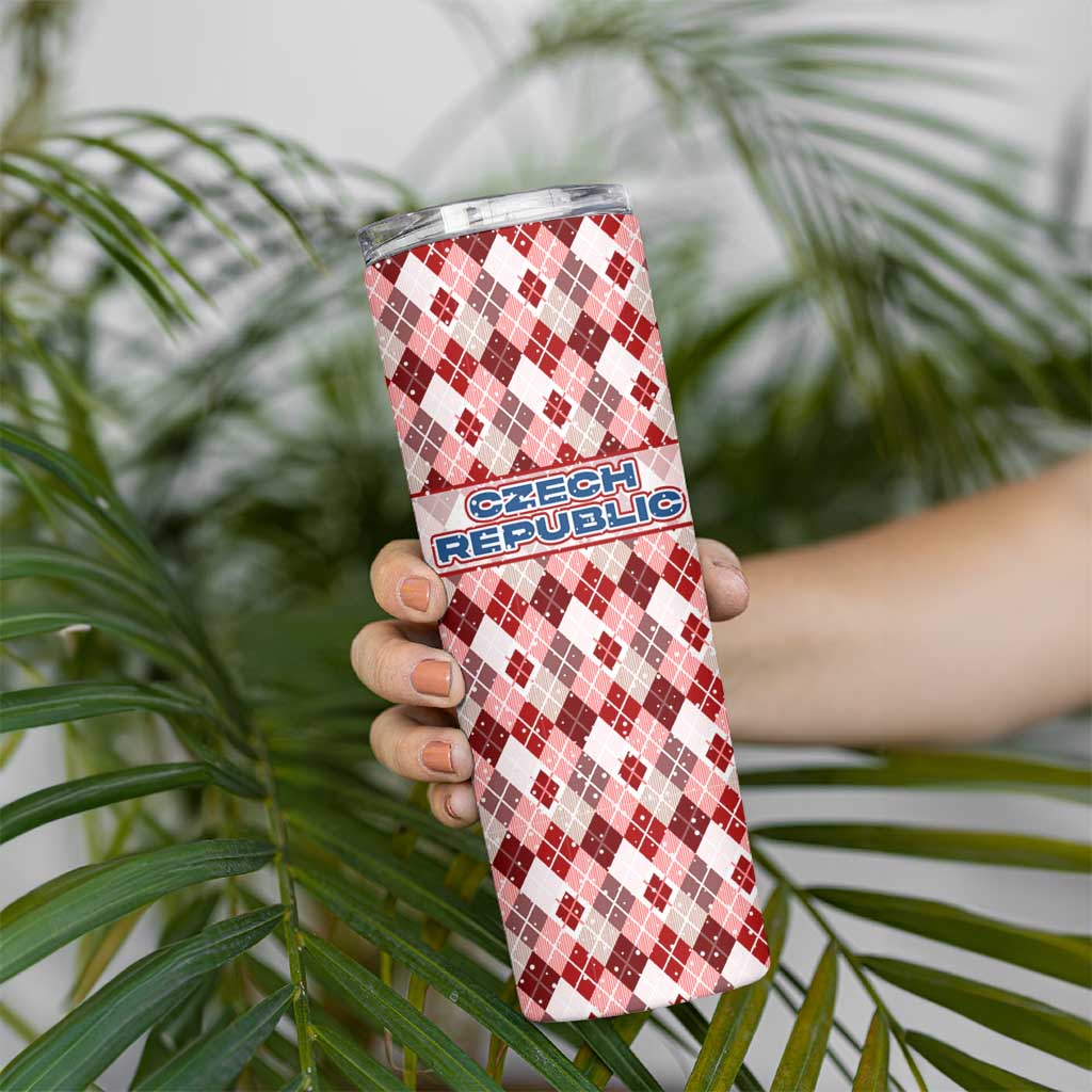 Czech Republic Christmas Skinny Tumbler with Red-White Checkered Design, Double-Tailed Lion, and Festive Motif - Wonder Print Shop