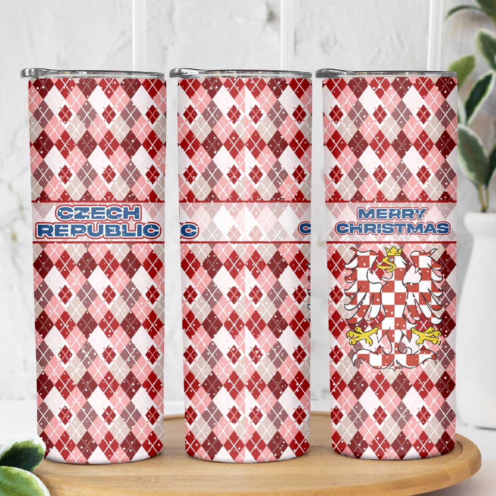 Czech Republic Christmas Skinny Tumbler with Red-White Checkered Design, Double-Tailed Lion, and Festive Motif - Wonder Print Shop