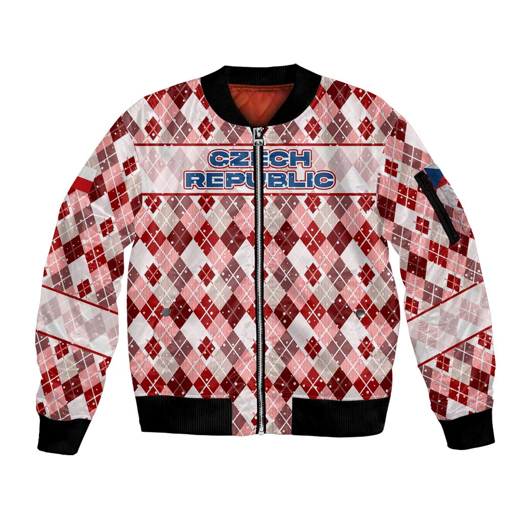 Czech Republic Christmas Sleeve Zip Bomber Jacket with Red-White Checkered Design, Double-Tailed Lion, and Festive Motif - Wonder Print Shop