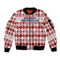 Czech Republic Christmas Sleeve Zip Bomber Jacket with Red-White Checkered Design, Double-Tailed Lion, and Festive Motif - Wonder Print Shop