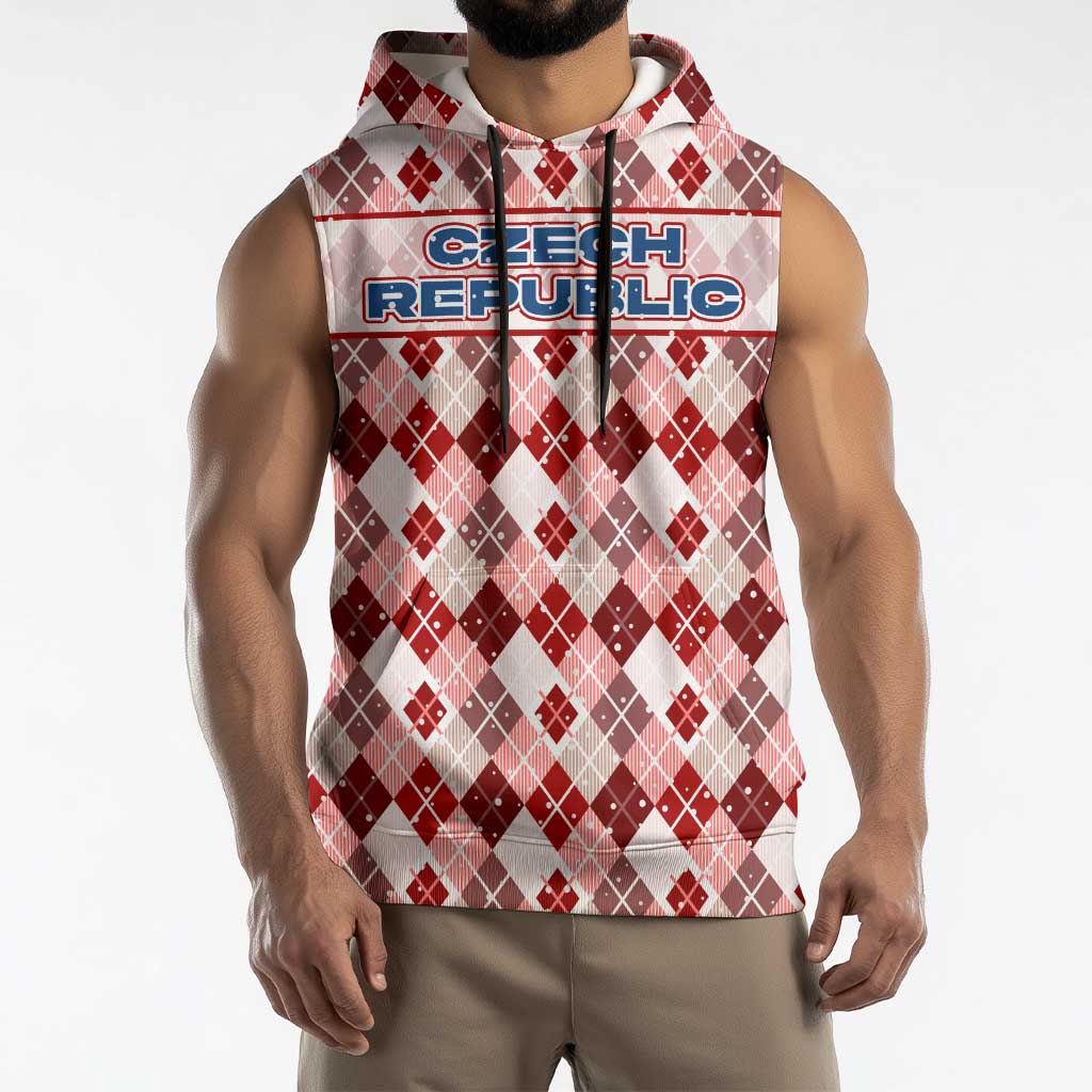 Czech Republic Christmas Sleeveless Hoodie with Red-White Checkered Design, Double-Tailed Lion, and Festive Motif - Wonder Print Shop
