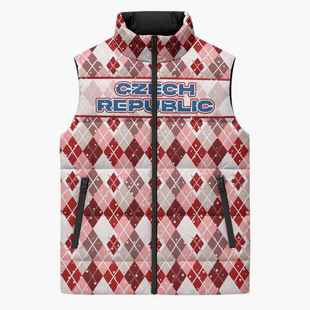 Czech Republic Christmas Sleeveless Puffer Jacket with Red-White Checkered Design, Double-Tailed Lion, and Festive Motif - Wonder Print Shop