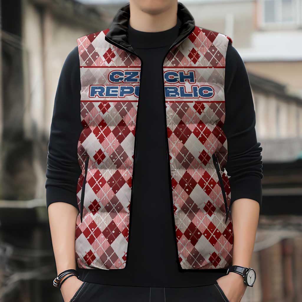 Czech Republic Christmas Sleeveless Puffer Jacket with Red-White Checkered Design, Double-Tailed Lion, and Festive Motif - Wonder Print Shop