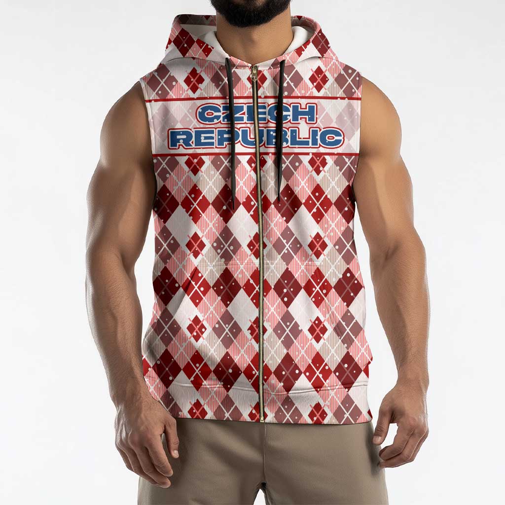 Czech Republic Christmas Sleeveless Zip Hoodie with Red-White Checkered Design, Double-Tailed Lion, and Festive Motif - Wonder Print Shop