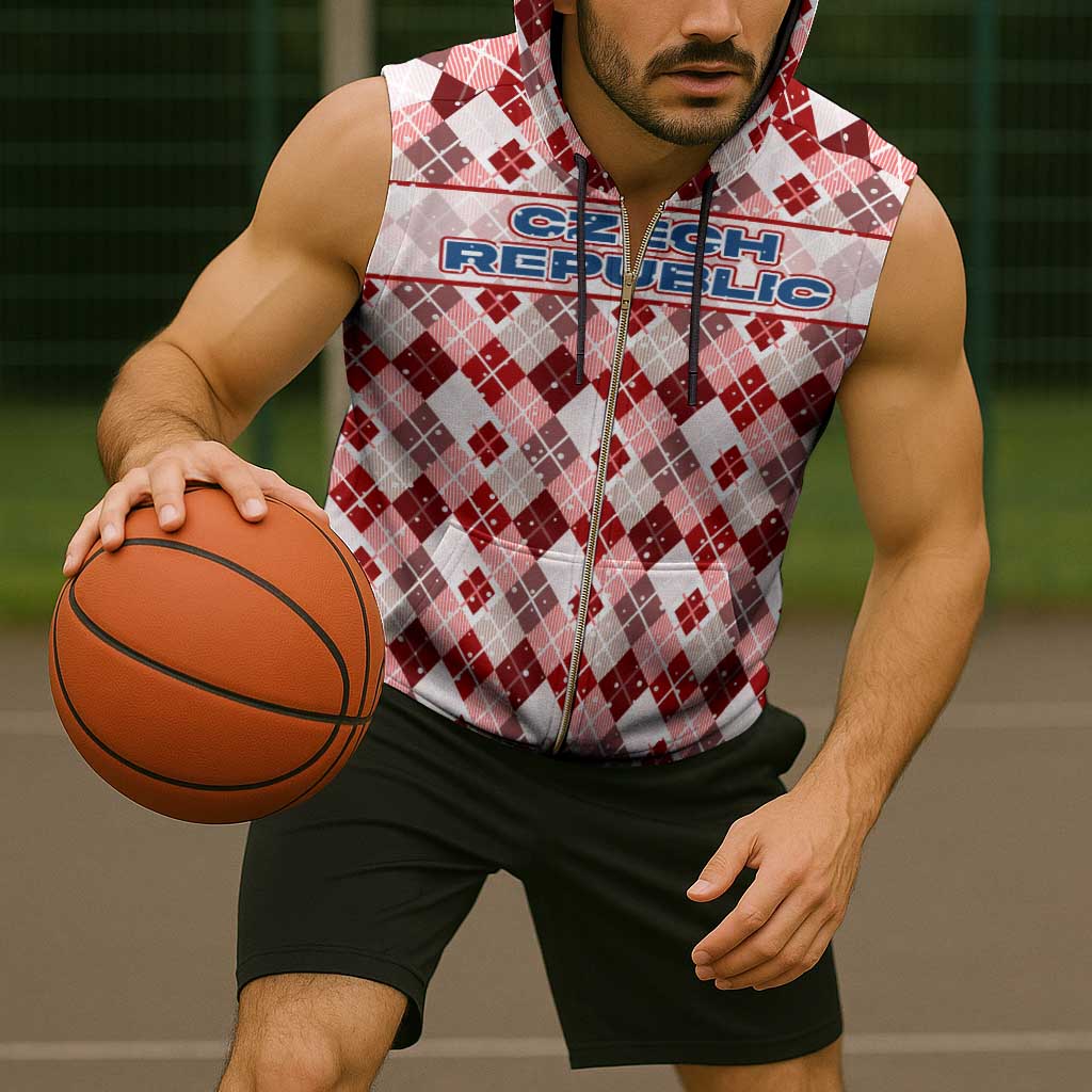 Czech Republic Christmas Sleeveless Zip Hoodie with Red-White Checkered Design, Double-Tailed Lion, and Festive Motif - Wonder Print Shop