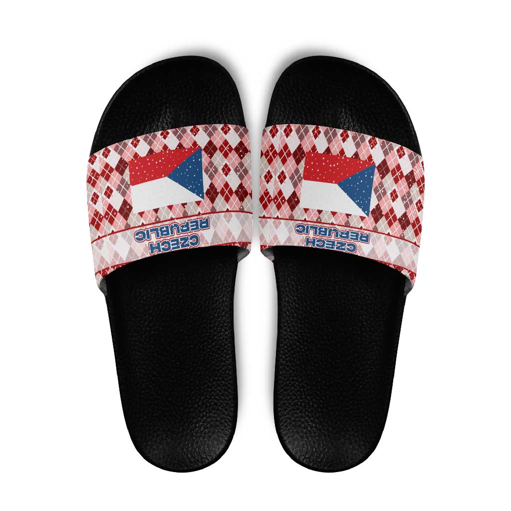 Czech Republic Christmas Slide Sandals with Red-White Checkered Design, Double-Tailed Lion, and Festive Motif - Wonder Print Shop