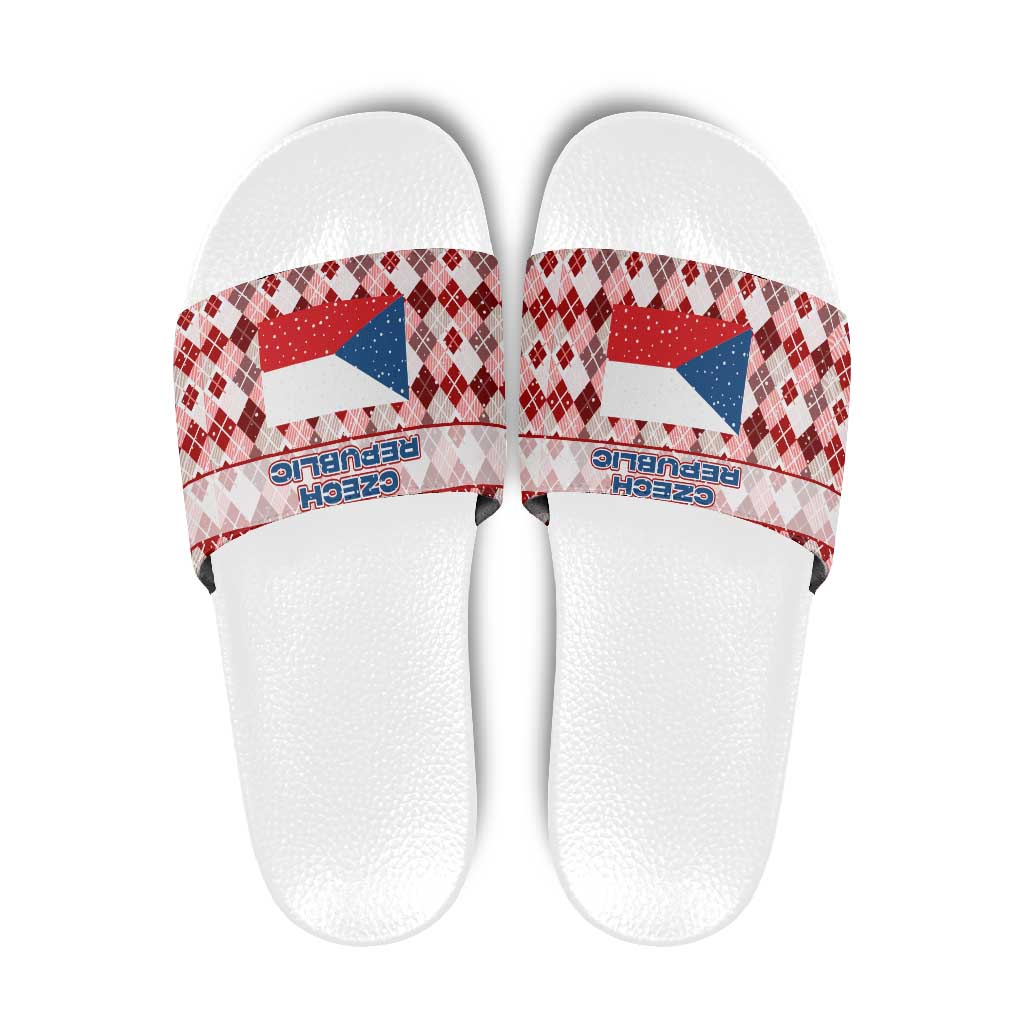 Czech Republic Christmas Slide Sandals with Red-White Checkered Design, Double-Tailed Lion, and Festive Motif - Wonder Print Shop