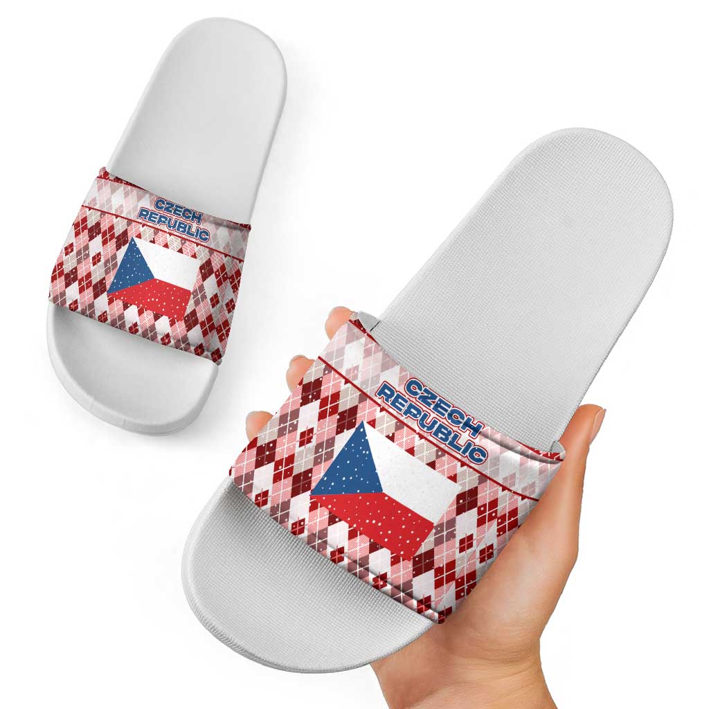 Czech Republic Christmas Slide Sandals with Red-White Checkered Design, Double-Tailed Lion, and Festive Motif - Wonder Print Shop