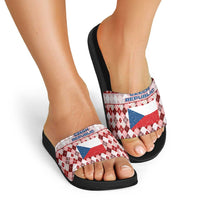 Czech Republic Christmas Slide Sandals with Red-White Checkered Design, Double-Tailed Lion, and Festive Motif - Wonder Print Shop