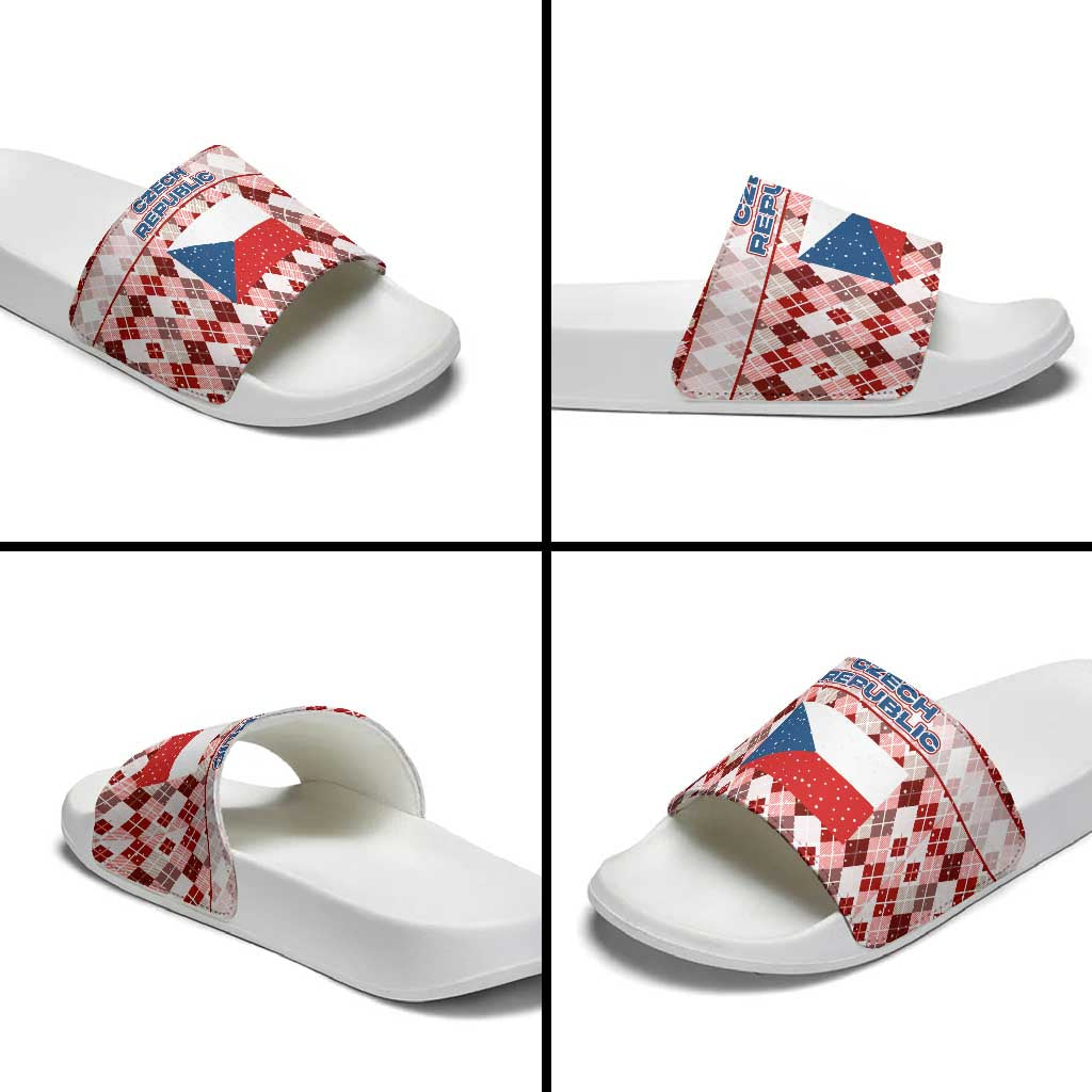 Czech Republic Christmas Slide Sandals with Red-White Checkered Design, Double-Tailed Lion, and Festive Motif - Wonder Print Shop