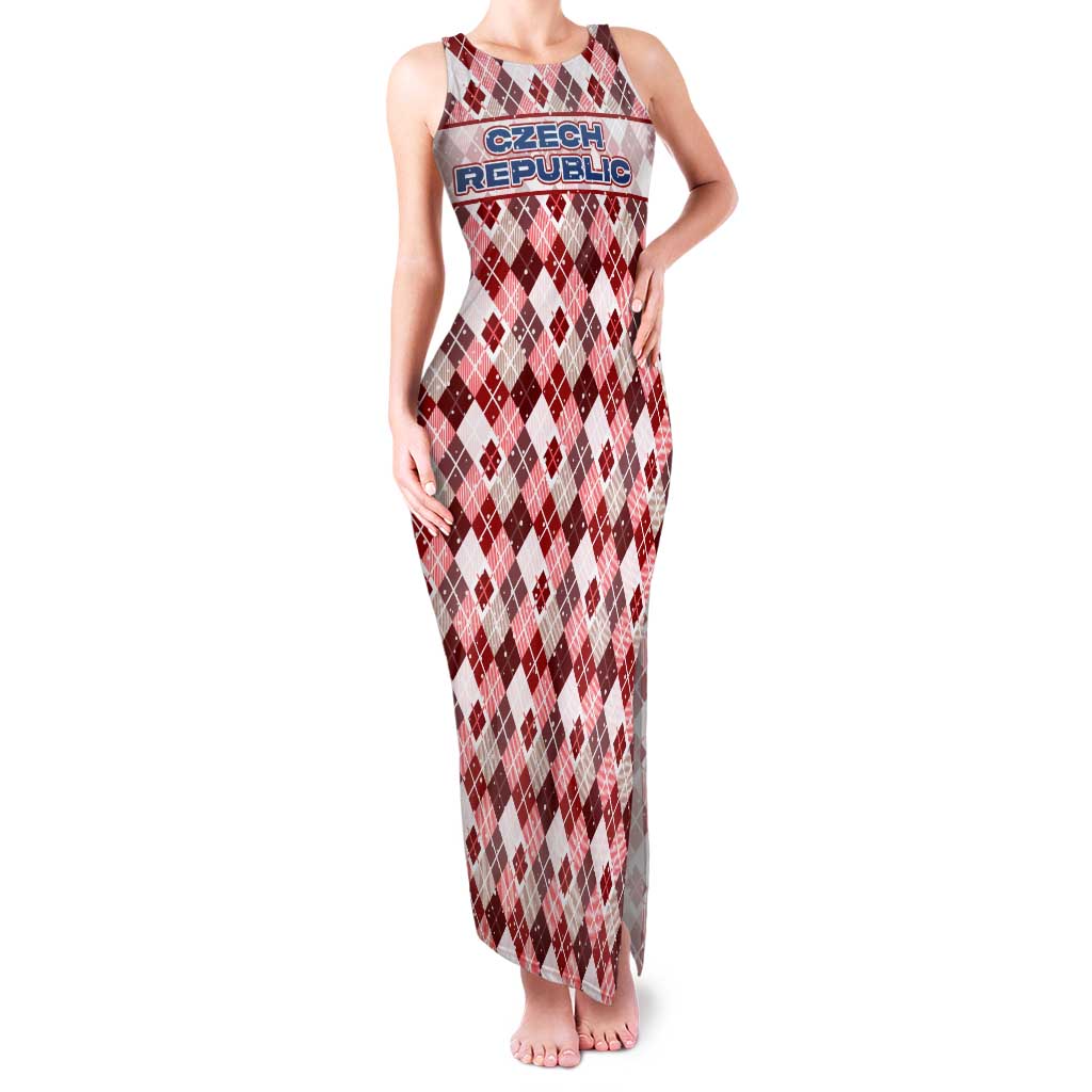Czech Republic Christmas Tank Maxi Dress with Red-White Checkered Design, Double-Tailed Lion, and Festive Motif - Wonder Print Shop