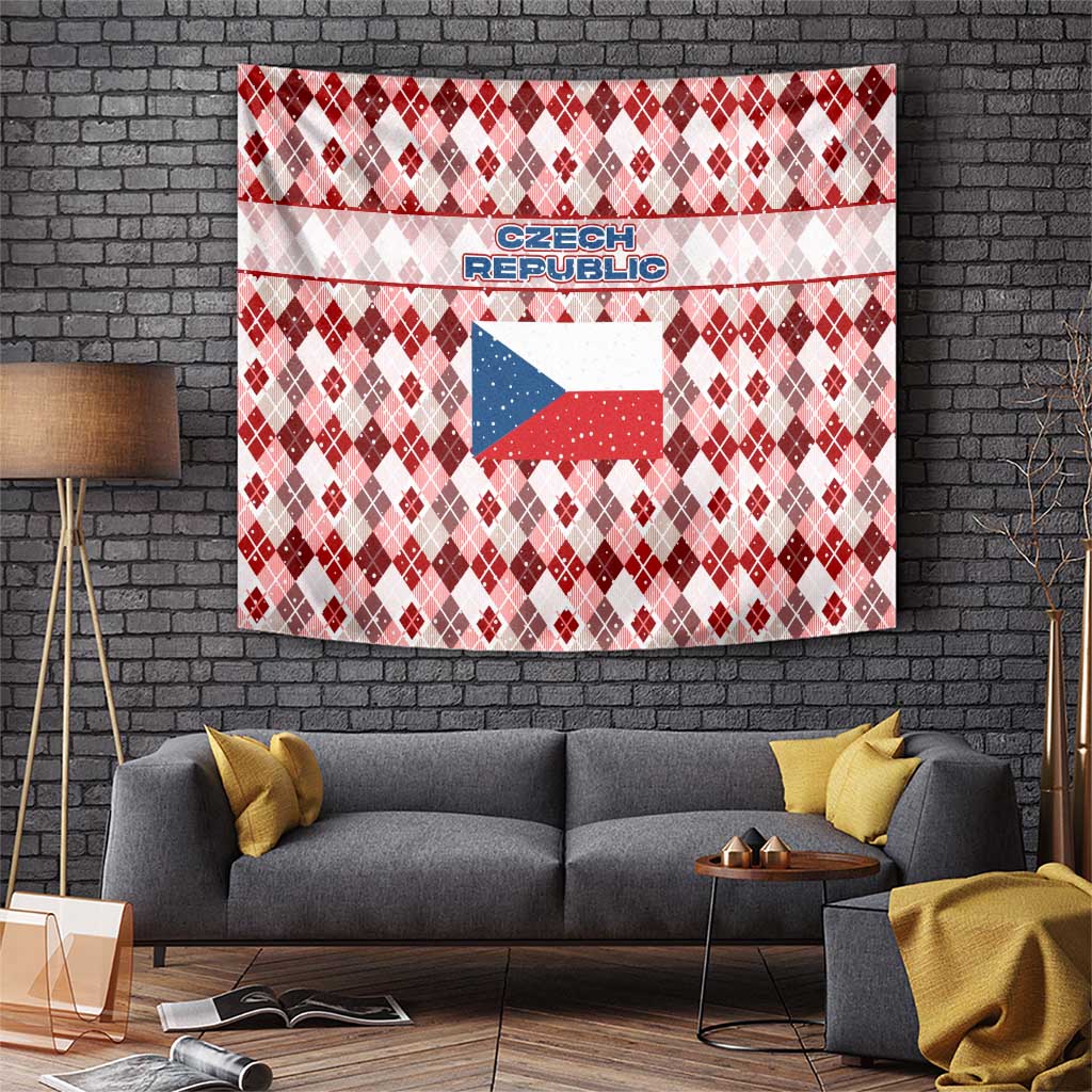 Czech Republic Christmas Tapestry with Red-White Checkered Design, Double-Tailed Lion, and Festive Motif - Wonder Print Shop