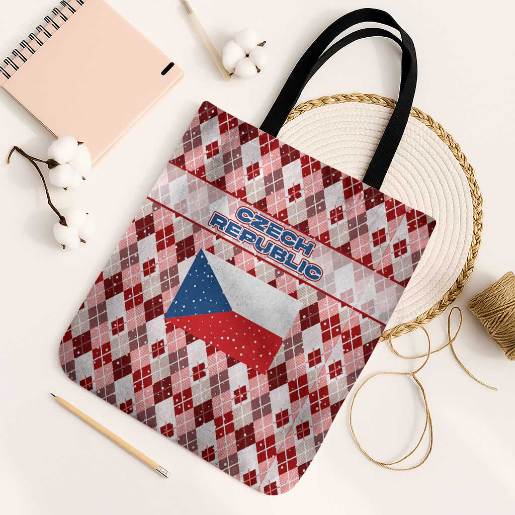 Czech Republic Christmas Tote Bag with Red-White Checkered Design, Double-Tailed Lion, and Festive Motif - Wonder Print Shop