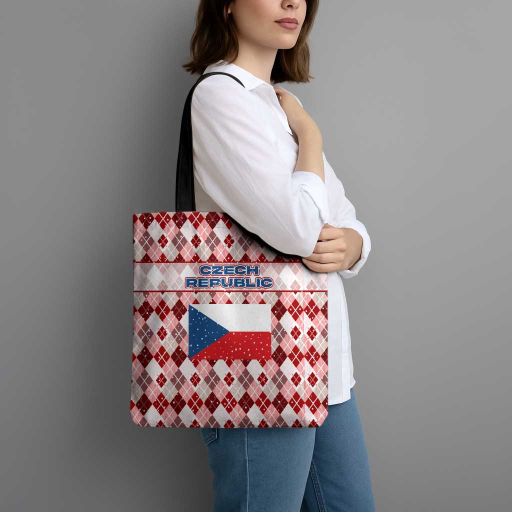 Czech Republic Christmas Tote Bag with Red-White Checkered Design, Double-Tailed Lion, and Festive Motif - Wonder Print Shop