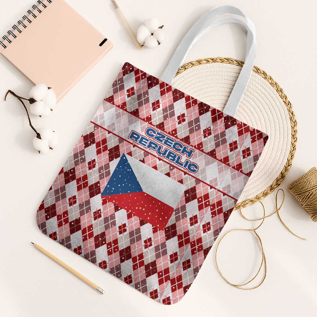 Czech Republic Christmas Tote Bag with Red-White Checkered Design, Double-Tailed Lion, and Festive Motif - Wonder Print Shop