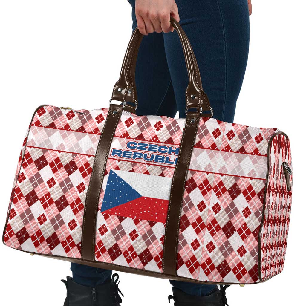 Czech Republic Christmas Travel Bag with Red-White Checkered Design, Double-Tailed Lion, and Festive Motif - Wonder Print Shop