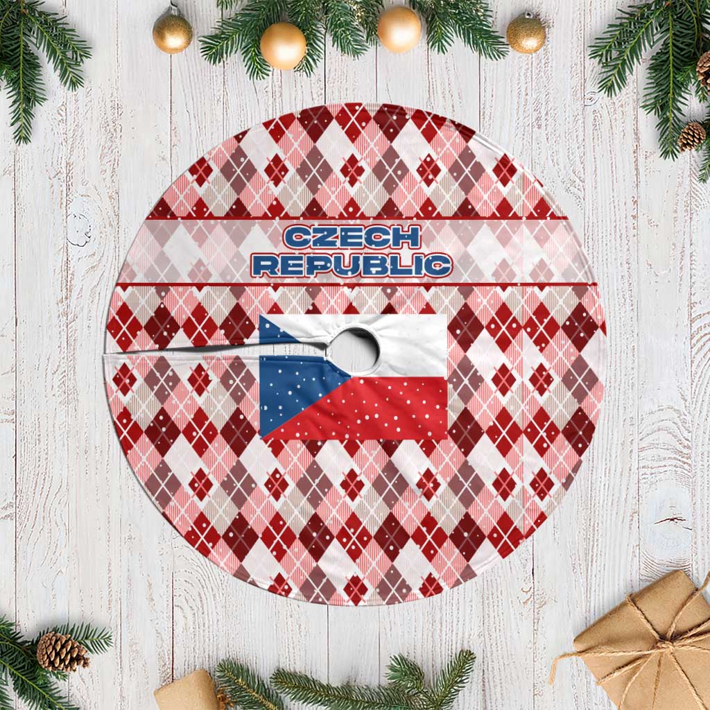 Czech Republic Christmas Tree Skirt with Red-White Checkered Design, Double-Tailed Lion, and Festive Motif - Wonder Print Shop