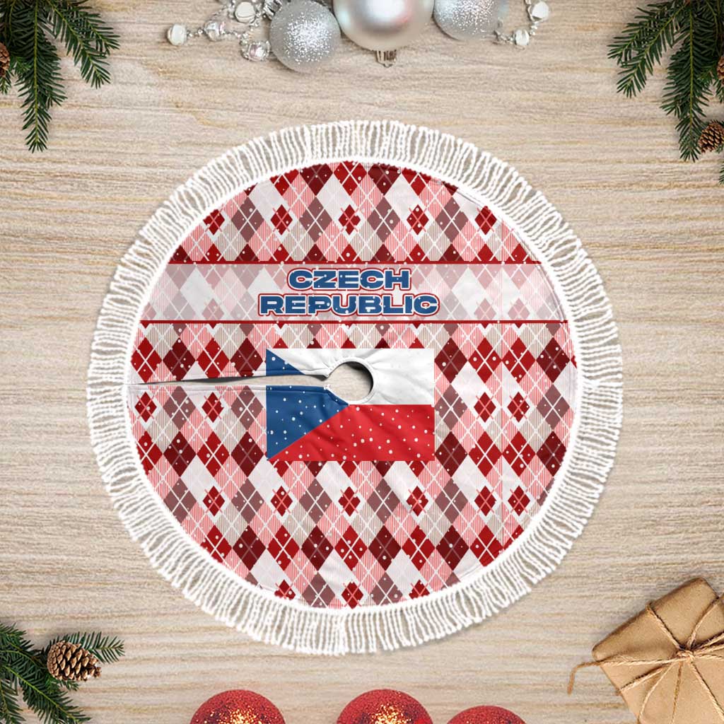 Czech Republic Christmas Tree Skirt with Red-White Checkered Design, Double-Tailed Lion, and Festive Motif - Wonder Print Shop
