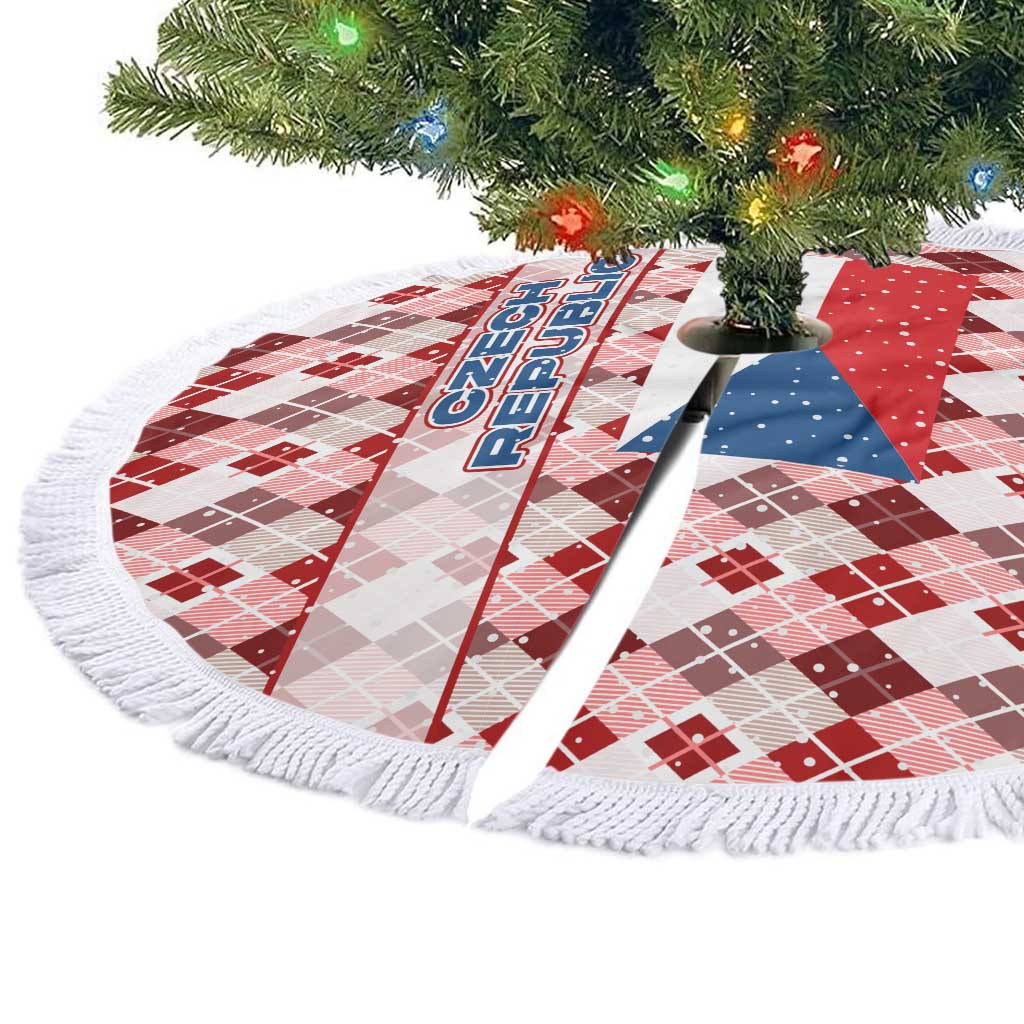 Czech Republic Christmas Tree Skirt with Red-White Checkered Design, Double-Tailed Lion, and Festive Motif - Wonder Print Shop