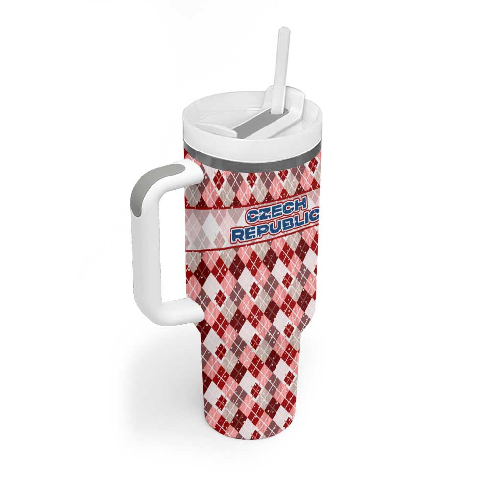 Czech Republic Christmas Tumbler With Handle with Red-White Checkered Design, Double-Tailed Lion, and Festive Motif - Wonder Print Shop
