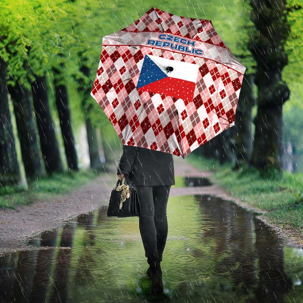 Czech Republic Christmas Umbrella with Red-White Checkered Design, Double-Tailed Lion, and Festive Motif - Wonder Print Shop