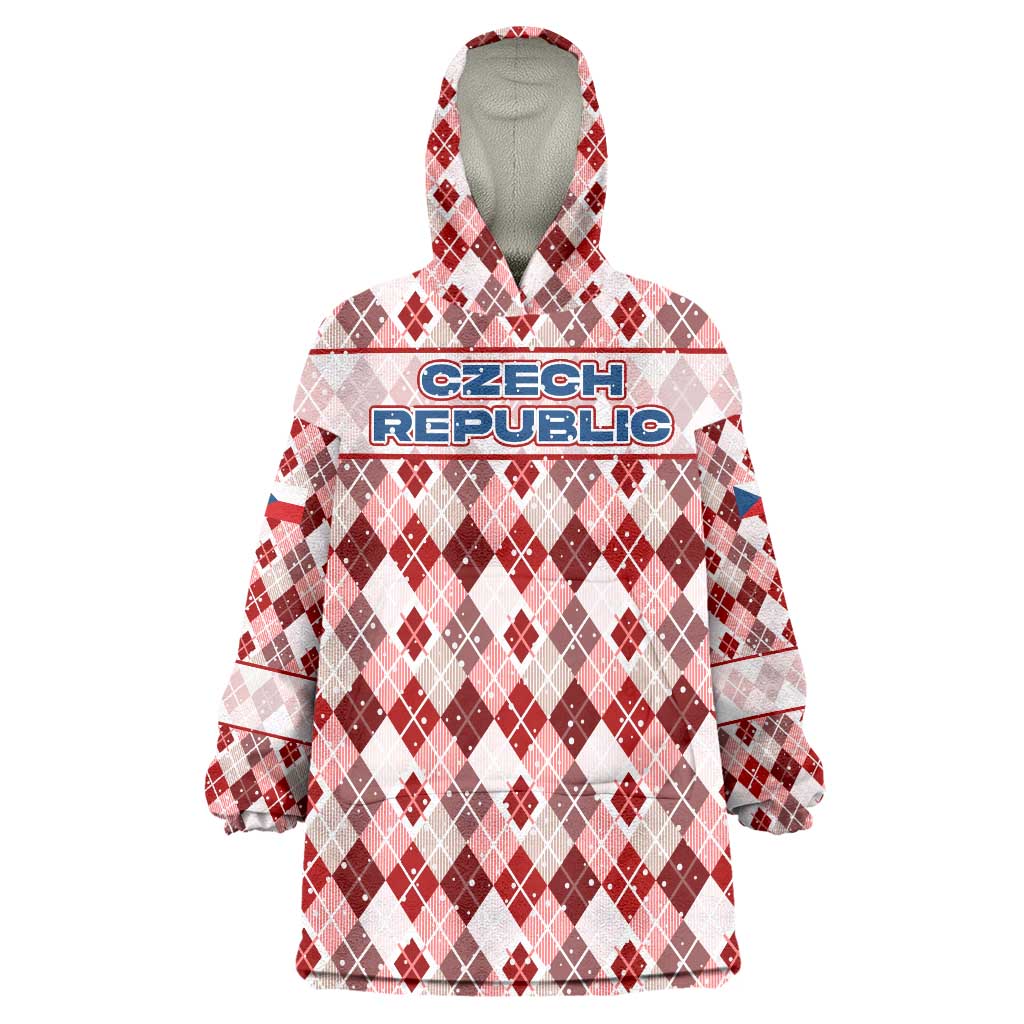 Czech Republic Christmas Wearable Blanket Hoodie with Red-White Checkered Design, Double-Tailed Lion, and Festive Motif - Wonder Print Shop
