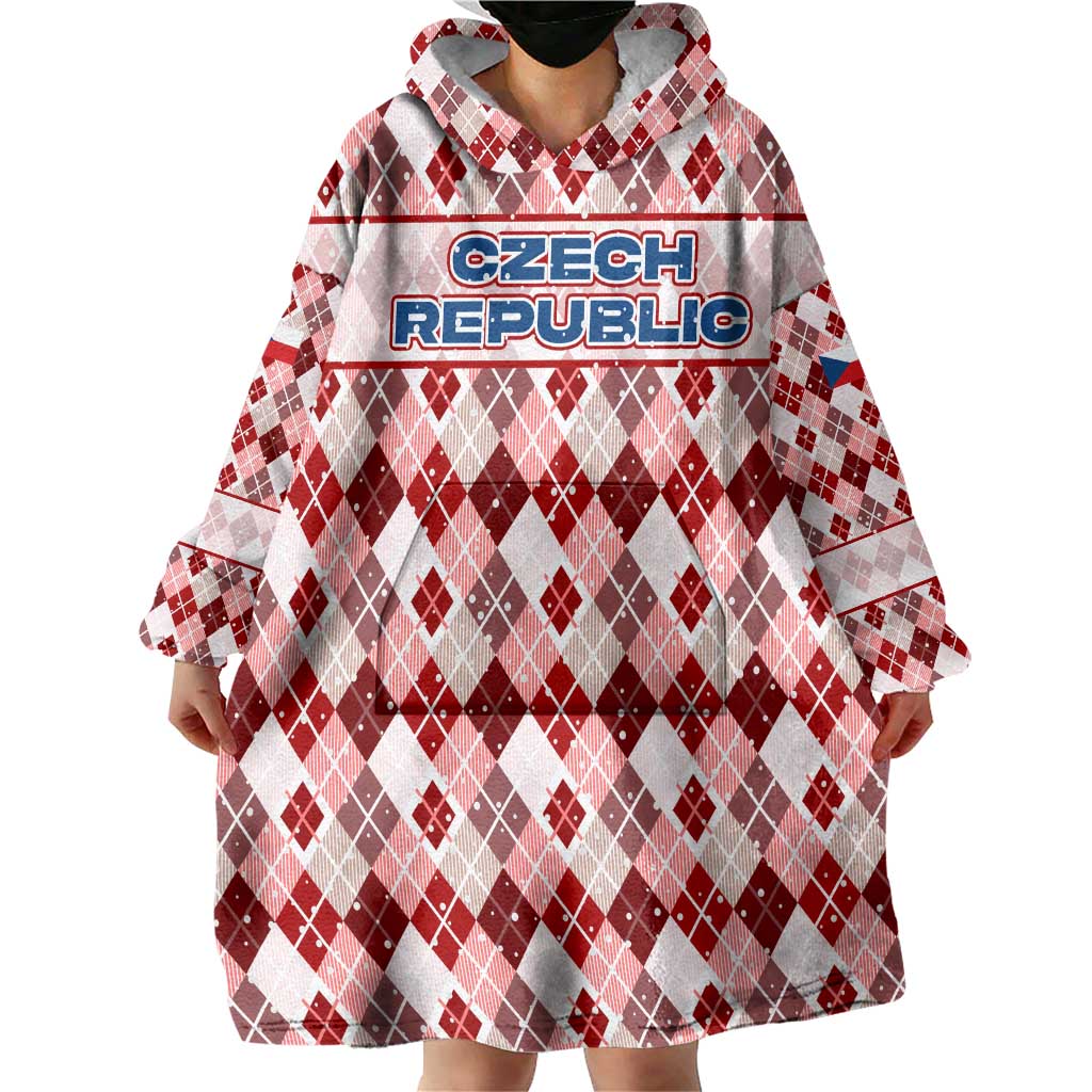 Czech Republic Christmas Wearable Blanket Hoodie with Red-White Checkered Design, Double-Tailed Lion, and Festive Motif - Wonder Print Shop