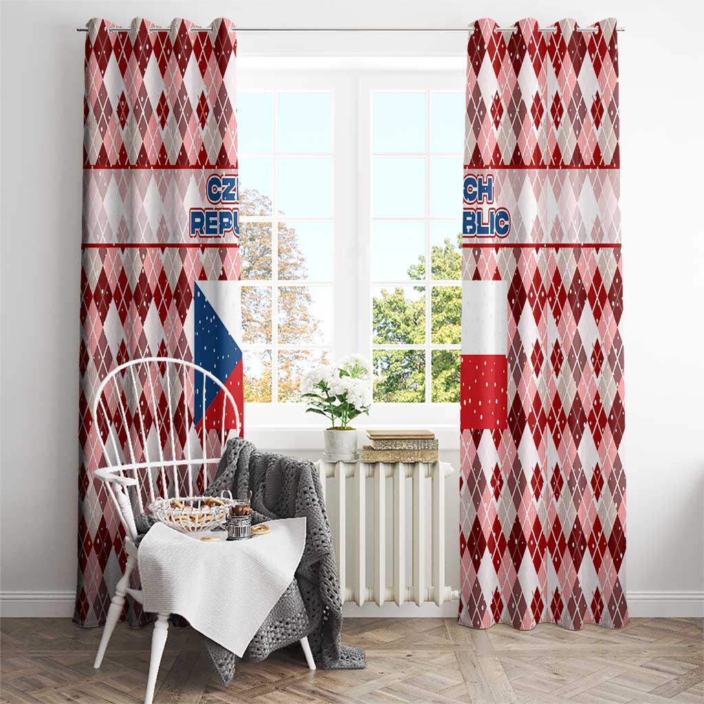 Czech Republic Christmas Window Curtain with Red-White Checkered Design, Double-Tailed Lion, and Festive Motif - Wonder Print Shop