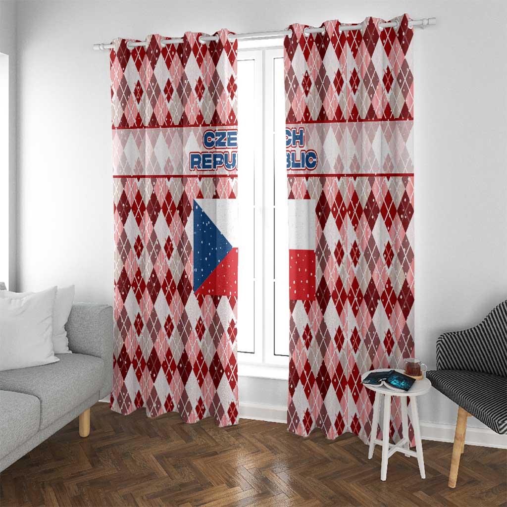 Czech Republic Christmas Window Curtain with Red-White Checkered Design, Double-Tailed Lion, and Festive Motif - Wonder Print Shop
