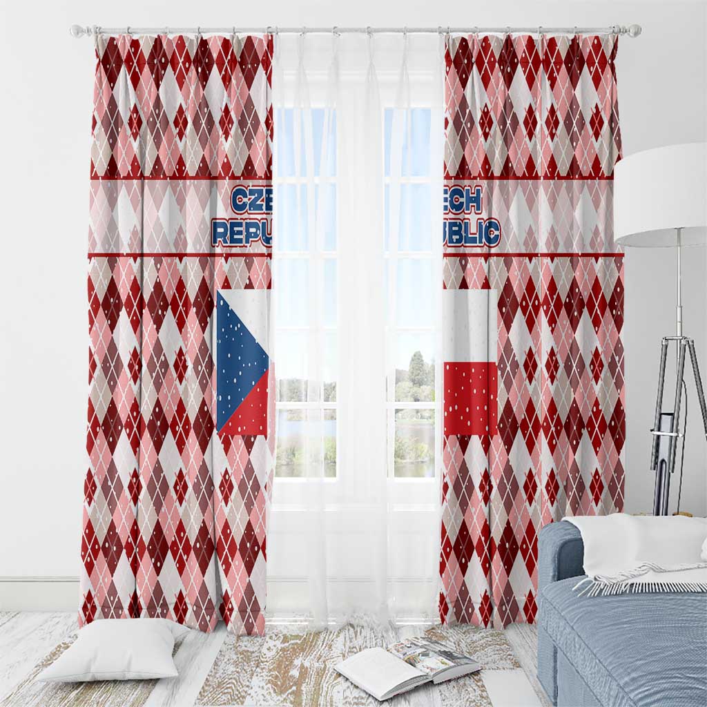 Czech Republic Christmas Window Curtain with Red-White Checkered Design, Double-Tailed Lion, and Festive Motif - Wonder Print Shop