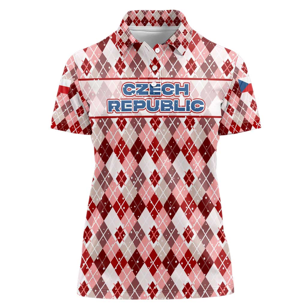 Czech Republic Christmas Women Polo Shirt with Red-White Checkered Design, Double-Tailed Lion, and Festive Motif - Wonder Print Shop