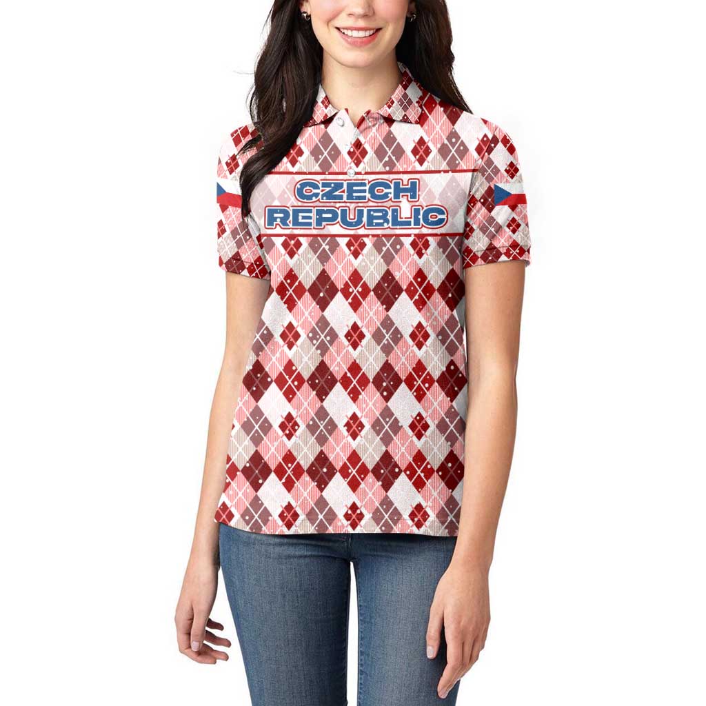 Czech Republic Christmas Women Polo Shirt with Red-White Checkered Design, Double-Tailed Lion, and Festive Motif - Wonder Print Shop