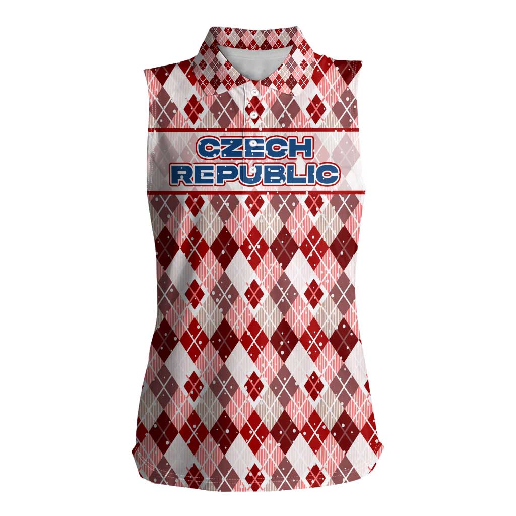 Czech Republic Christmas Women Sleeveless Polo Shirt with Red-White Checkered Design, Double-Tailed Lion, and Festive Motif - Wonder Print Shop