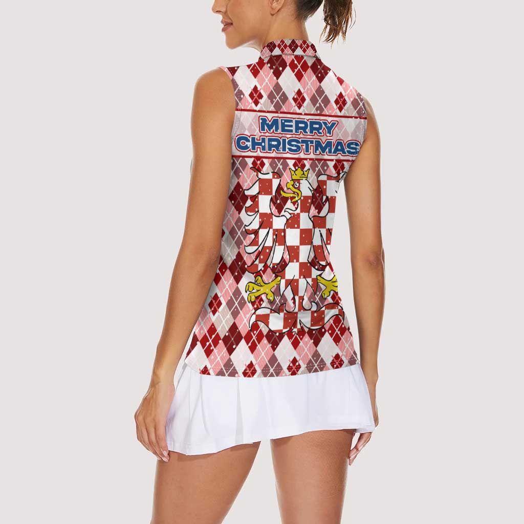 Czech Republic Christmas Women Sleeveless Polo Shirt with Red-White Checkered Design, Double-Tailed Lion, and Festive Motif - Wonder Print Shop