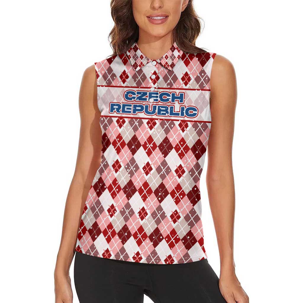 Czech Republic Christmas Women Sleeveless Polo Shirt with Red-White Checkered Design, Double-Tailed Lion, and Festive Motif - Wonder Print Shop